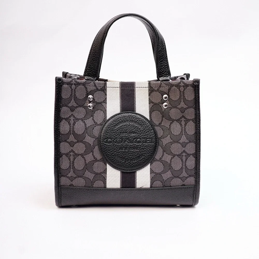 COACH Dumsy Black Monogram Nautical Stripe Tote 22